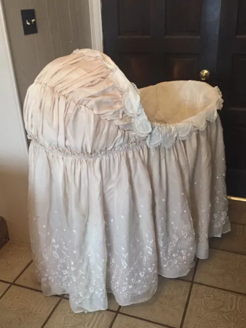 Antique Wicker Baby Bassinet, Decorative Hooded Skirt, Stand, Lining, & Bed Pad