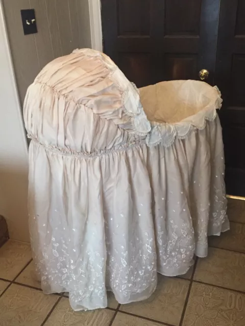 Antique Wicker Baby Bassinet, Decorative Hooded Skirt, Stand, Lining, & Bed Pad Antique Wicker Baby Bassinet, Decorative Hooded Skirt, Stand, Lining, & Bed Pad