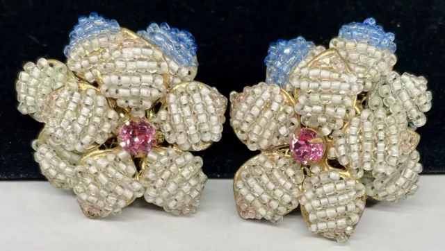 Miriam Haskell Signed Earrings Rare Vintage Gilt Pink Blue Rhinestone Clip A24