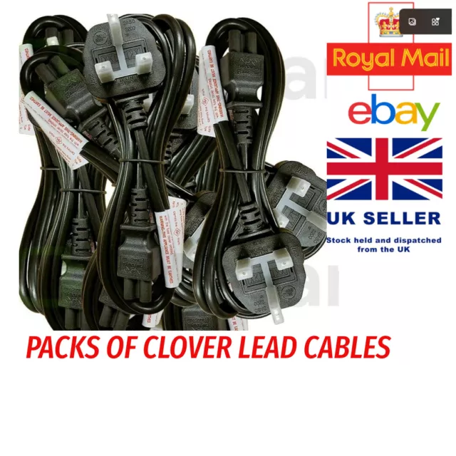 PACKS of UK 3-Pin Plug AC Mains Power Cable IEC C5 / Laptop Clover Leaf Cables