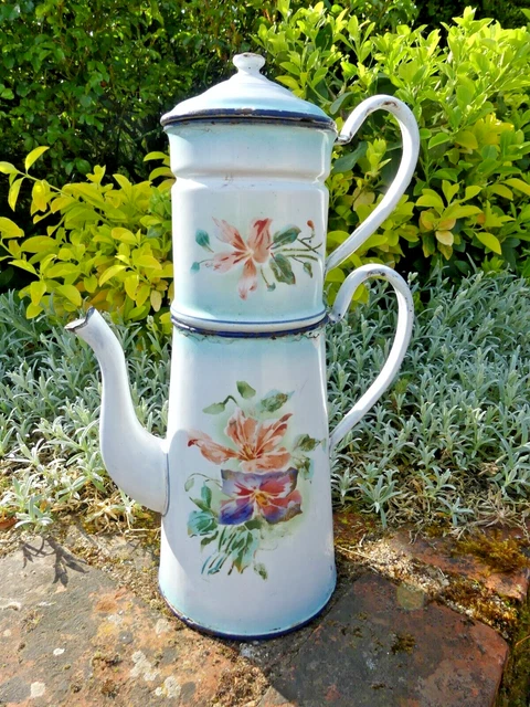 ANCIENNE CAFETIERE EMAILLEE Décor De ROSES & PENSEES ENAMEL COLLECTION Deco D 118557