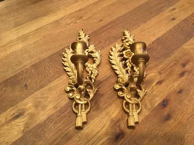 VTG Pair (2) BURWOOD PROD USA HOLLYWOOD REGENCY ORNATE GOLD CANDLE WALL SCONCES