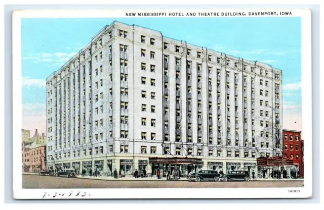 Postcard New Mississippi Hotel & Theatre Bldg, Davenport, Iowa IA 1933 H18