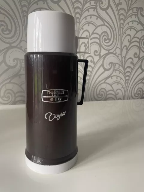 Vintage Brown & Cream Vogue Thermos Flask 1Ltr Made in England Retro Camping