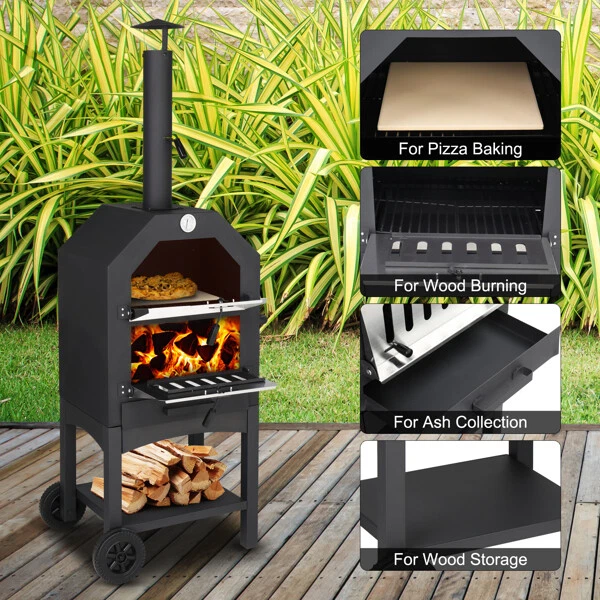 Oven Outdoor Yard Grill Rack Fired Wood Pizza Oven with Wheels Waterproof Cover