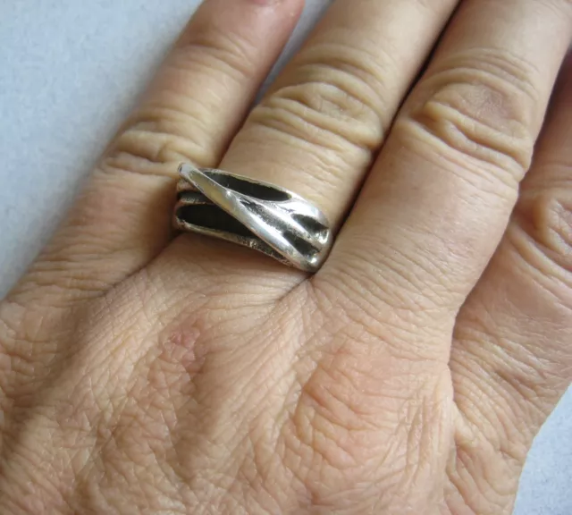 Mexican 925 Silver Taxco Etched Deep Oxidized Lines Modern Abstract Ring Sz 7.25