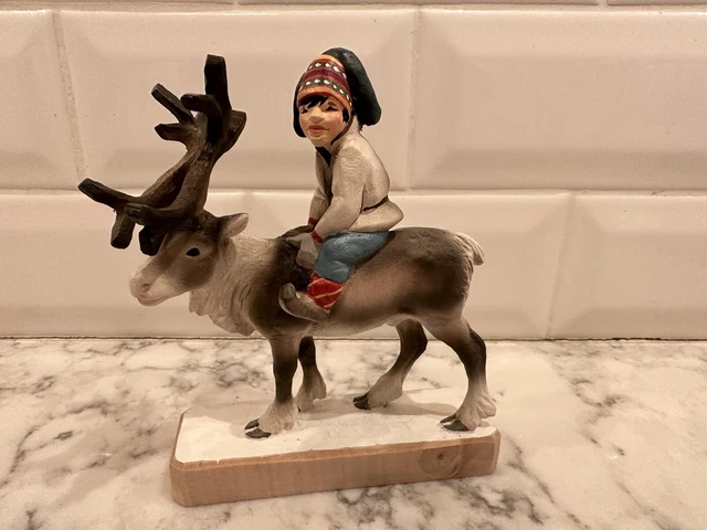 New Henning Norway Handcarved Wood Lap Boy On Reindeer 5 Inches Tall
