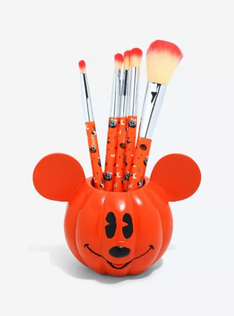 Disney Mickey Mouse PUMPKIN Makeup Brush Set  Holder NEW