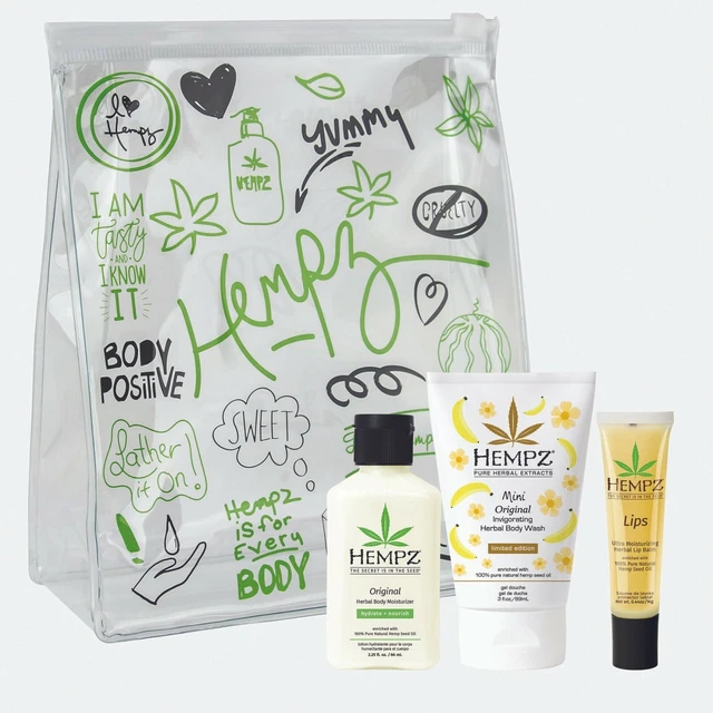 Hempz First Class Favs 3pc Travel Kit Body Wash, Moisturizer, Lip Balm & Zip Bag Hempz First Class Favs 3pc Travel Kit Body Wash, Moisturizer, Lip Balm & Zip Bag