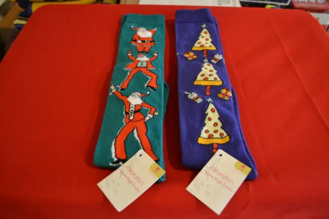 Lot of 2 Pairs Women's Knee-High Socks Xmas "Santas & Pizza Xmas" Shoe Size 4-10