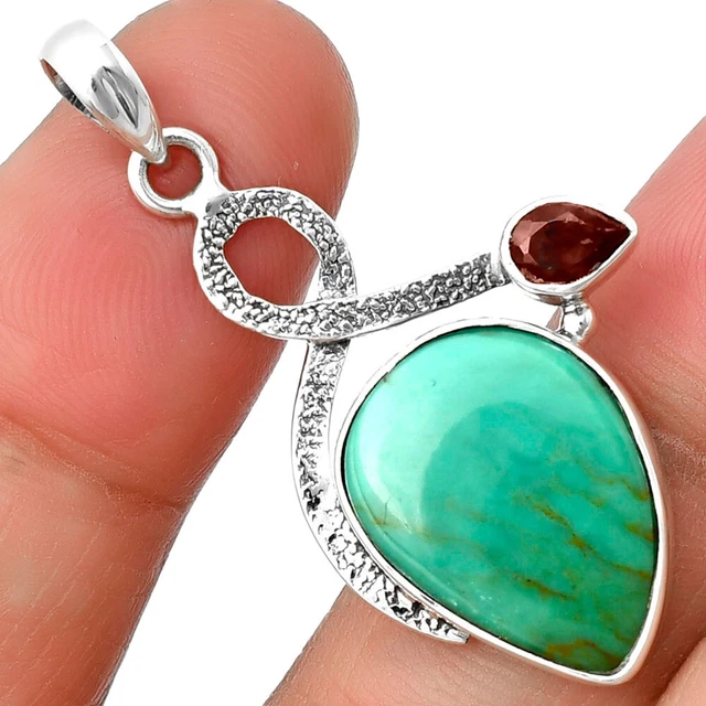 Rare Turquoise Nevada Aztec Mt & Garnet 925 Silver Pendant Jewelry P-1111