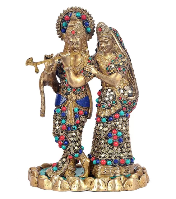 Brass Krishna Radha Statue Hindu God Lord Figurine Inlay Work Idol Home Gift 11"