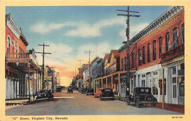 VIRGINIA CITY, Nevada NV   C STREET SCENE Downtown Stores~Cars  c1940's Postcard