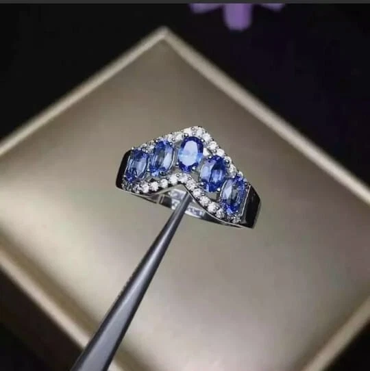 3Ct Oval Lab-Created Tanzanite Five-Stone Engagement Ring 14K White Gold Plated