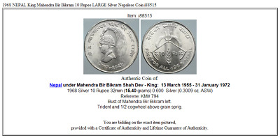 1968 NEPAL King Mahendra Bir Bikram 10 Rupee LARGE Silver Nepalese Coin i88515 3
