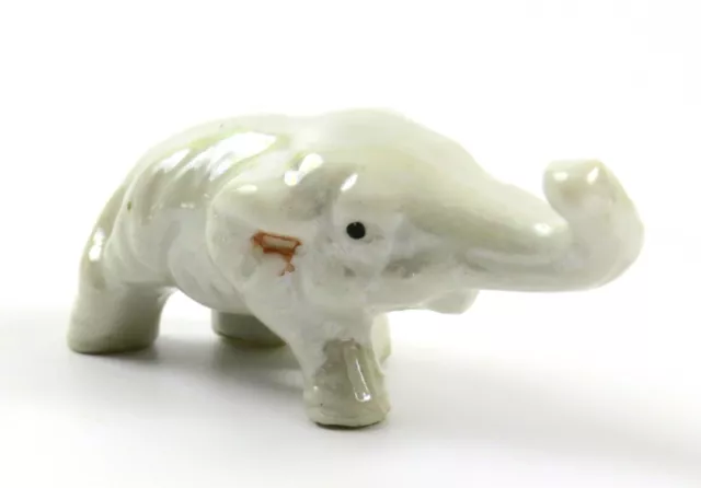 Vintage Miniature White Glossy Porcelain Elephant, Trunk Up