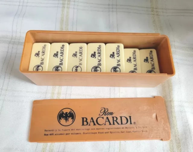 Ron Bacardi Dominoes Game 19 Pieces Plastic Storage Box Bat Logo Rum Advertising