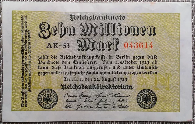10 Millionen Mark 1923 Reichsbanknote Geldschein Deutschland, VF- XF °