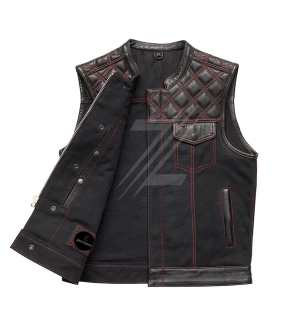 Men's Diamond Quilted Canvas Bikers Leather Vest Cowhide Motorcycle Club Vest