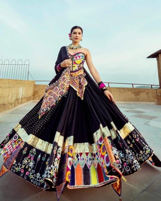 Black Real Mirror Work Lengha Navratri Lehenga Choli Ghagra Chaniya Choli Saree