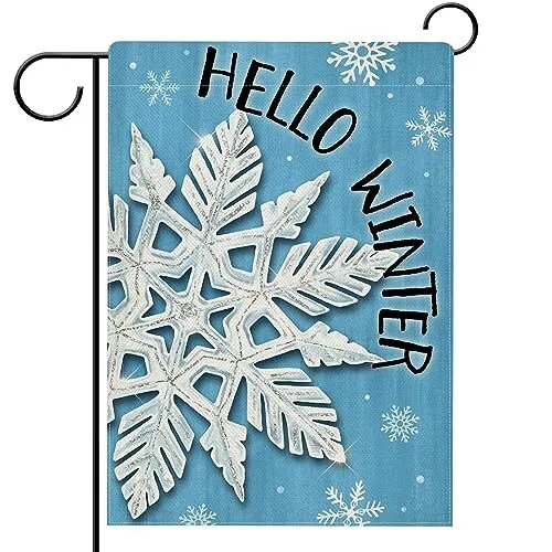 Hello Winter Snowflakes Garden Flag Double Sided, Blue Snow Decorative 12x18