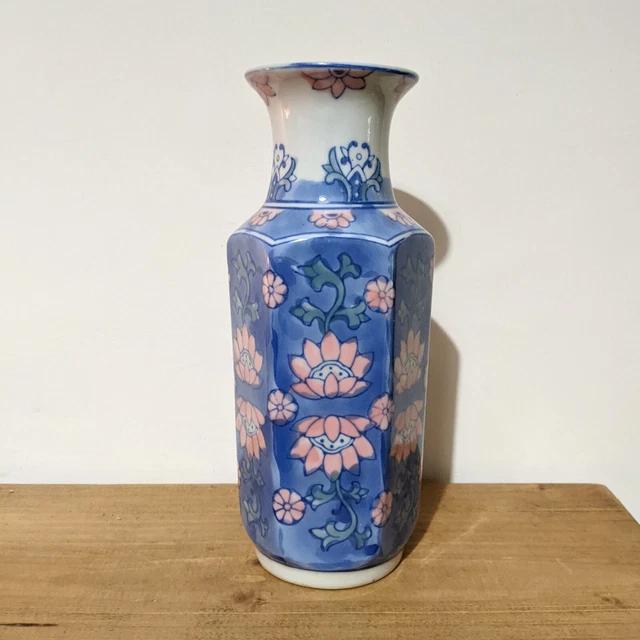 Floral Blue And Pink Vase Hexagonal Ceramic Hand Painted Patterned 20cm Tall UK