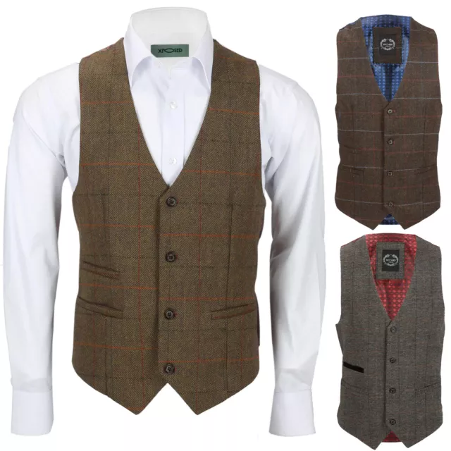 Mens Brown Tweed Check Waistcoat Herringbone Luxury Formal Tailored Fit Vest