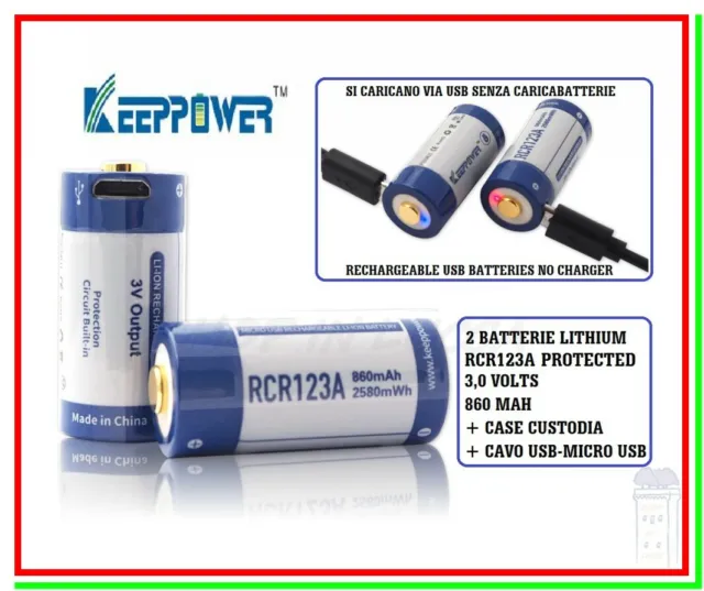 2 batterie ricaricabili litio RCR123A 3v 860mAh 2580mWh pile con ricarica USB