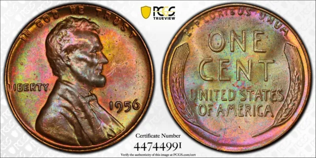 1956 1c Lincoln Wheat Cent PCGS MS65BN Rainbow Toned