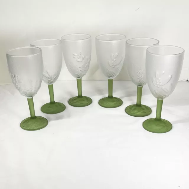 Pfaltzgraff Nature Wood Iced Tea Glass set of 6 embossed  frosted green stem 12o