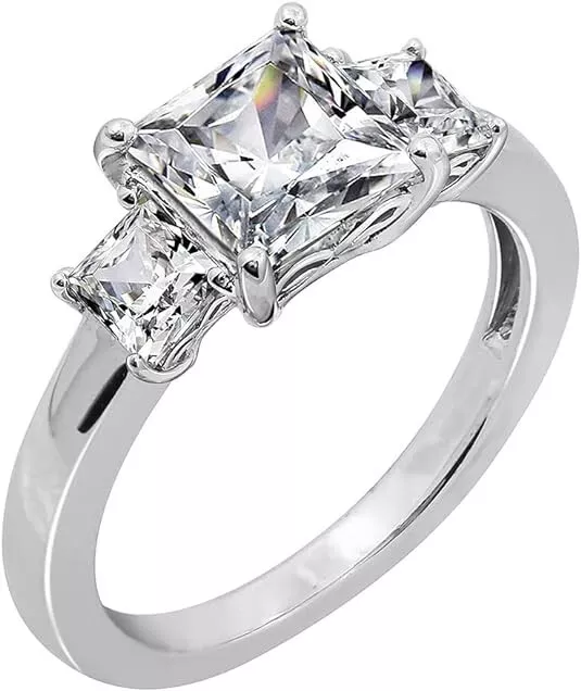 Platinum-Plated Sterling Silver Princess-Cut Swarovski Zirconia 3 Stone Ring