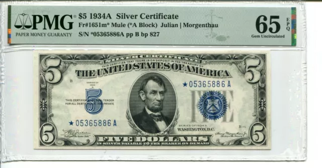 FR 1651m* 1934A MULE STAR $5 SILVER CERTIFICATE PMG 65 EPQ GEM UNCIRCULATED