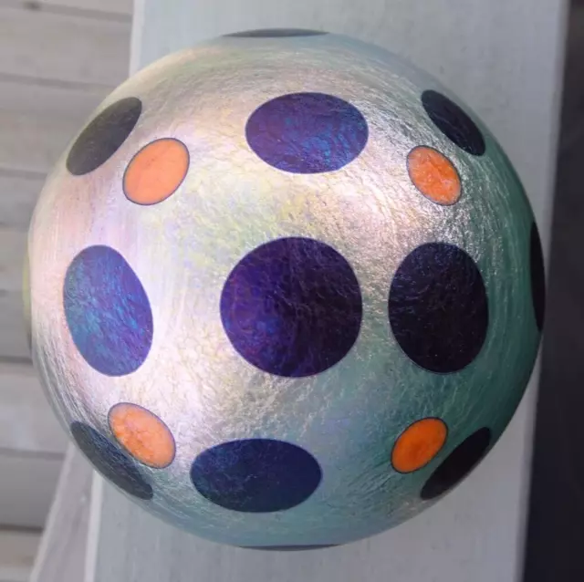 Signed Lundberg Studios Iridescent Glass Polka Dot Paperweight 1974 Cantor