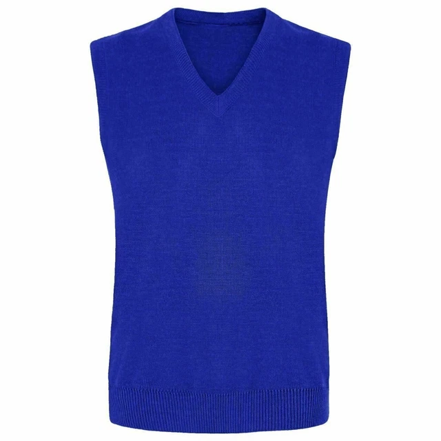 Boys Girls Royal Blue V Neck Sleeveless Knitted Tank Top Jumper School Uniform