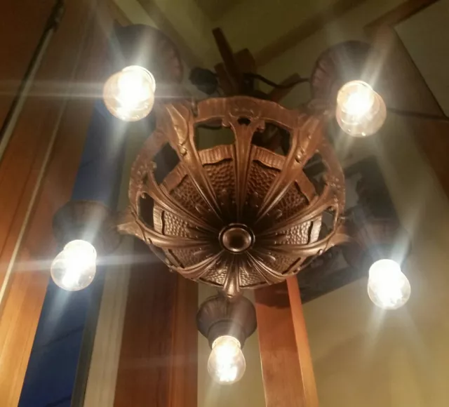 Antique 1920's Lincoln Cast 5 Bulb Ceiling Light Chandelier Nouveau Deco Rewired