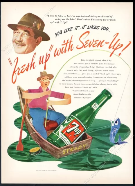 1946 7UP 7-Up soda fisherman fishing fish rowboat art vintage print ad