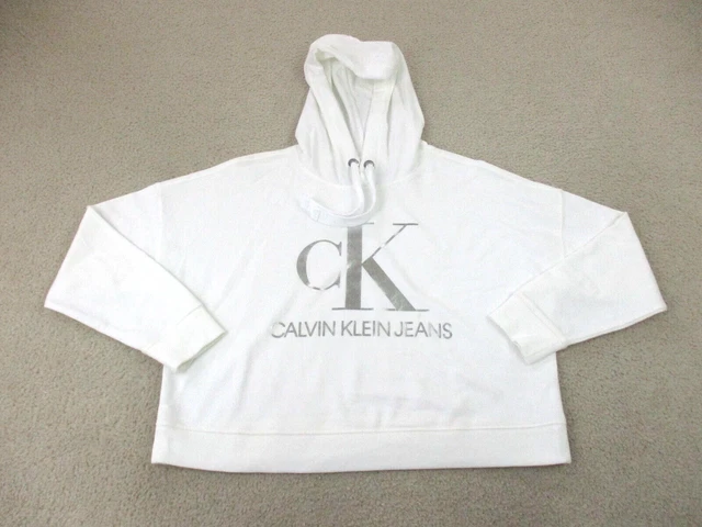 Calvin Klein Sweater Womens Medium White Gray Crop Hoodie Sweatshirt Ladies *