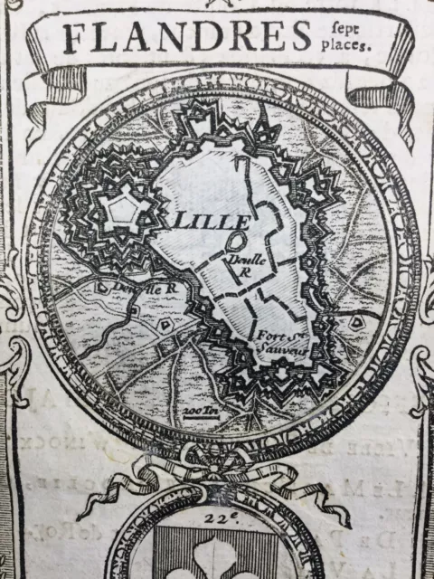 Lille IN 1736 North Hauts France Rare Engraving Plan Fortification Heraldic