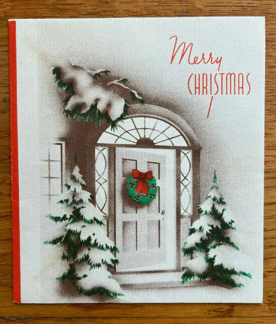 Vintage Christmas Greeting Card 1930s Art Deco Wreath Front Door Snowy