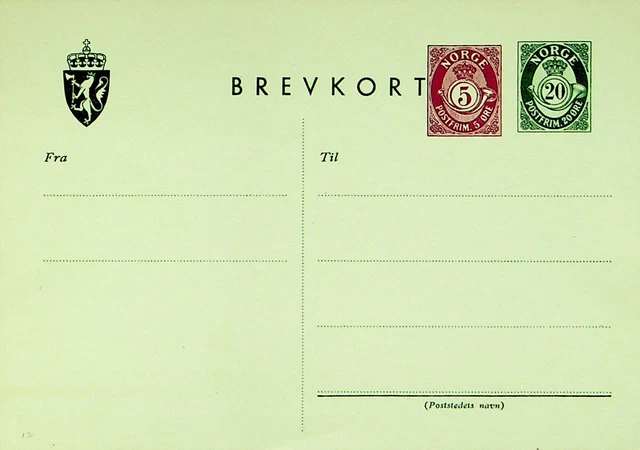 NORWAY 20o + 10o PS CARD FINE UNUSED
