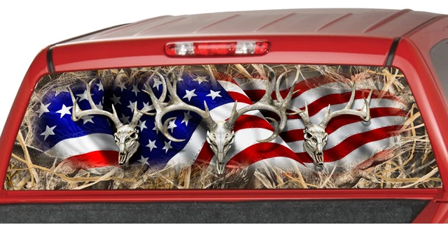 AMERICAN FLAG BUCK SKULL TALL GRASS Rear Window Graphic Decal Tint suv camo