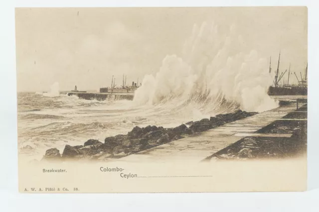 Colombo Ceylon Boats Harbor Breakwater Waves, Collotype Print Postcard