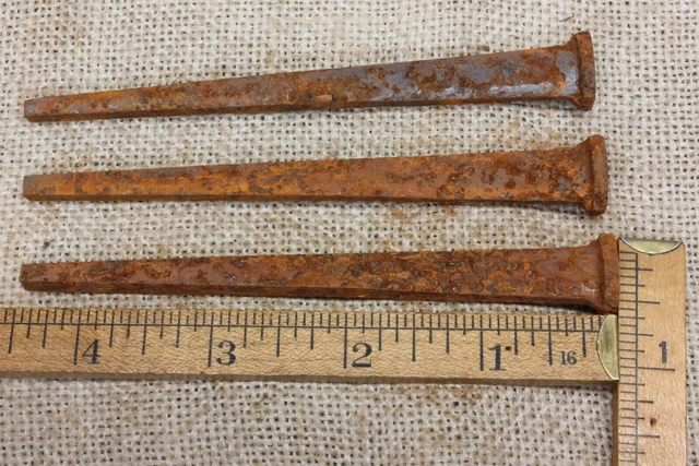 4 1/2” Large Nails 3 Barn Spikes Old Vintage Rust Patina Display Hooks Square
