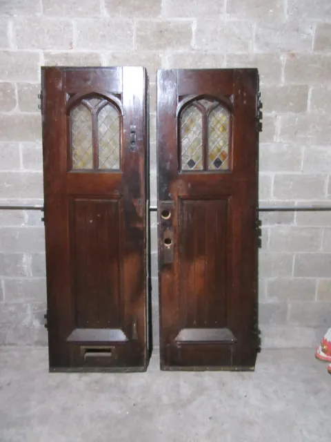 ~ Antique Gothic Oak Double Entrance French Doors With Stained Glass ~ 55 X 84 7