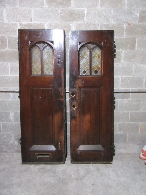 ~ Antique Gothic Oak Double Entrance French Doors With Stained Glass ~ 55 X 84 7