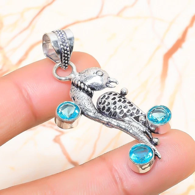 Swiss Blue Topaz Gemstone Handmade Gift Jewelry Pendant 1.97" l678