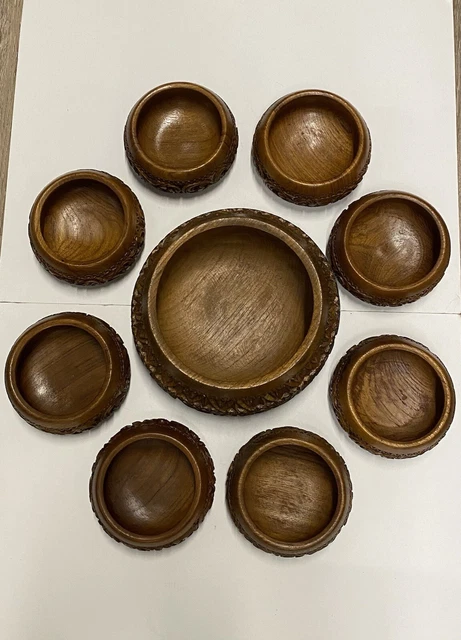 9 Piece Vintage Wooden Hand Carved One Large Salad Serving Bowl & 8 Round Bowls