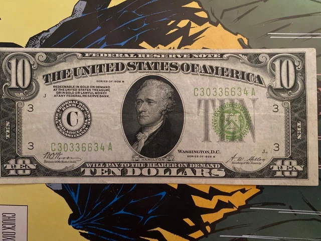 1928 Series B $10 Ten Dollar Banknote, Lime Green Seal, Xf+, Philadelphia-Issued