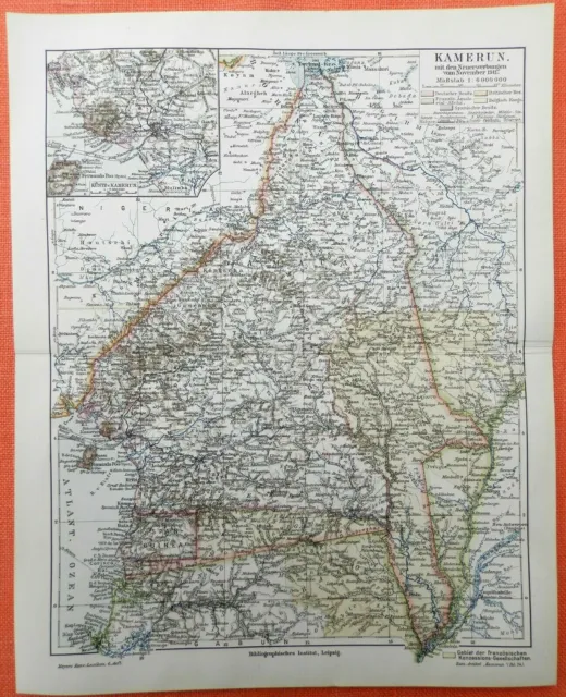 KAMERUN deutsche Kolonie Neuerwerbung November 1911 Afrika  Landkarte von 1913