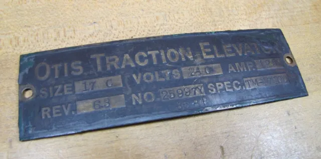 OTIS TRACTION ELEVATOR Orig Old Brass Sign Plaque Hardware Equipment Nameplate 2